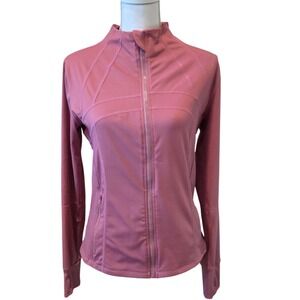 Womens Rose Pink Full Zip Athletic Jacket Thumbholes Mock Neck Slim Fit